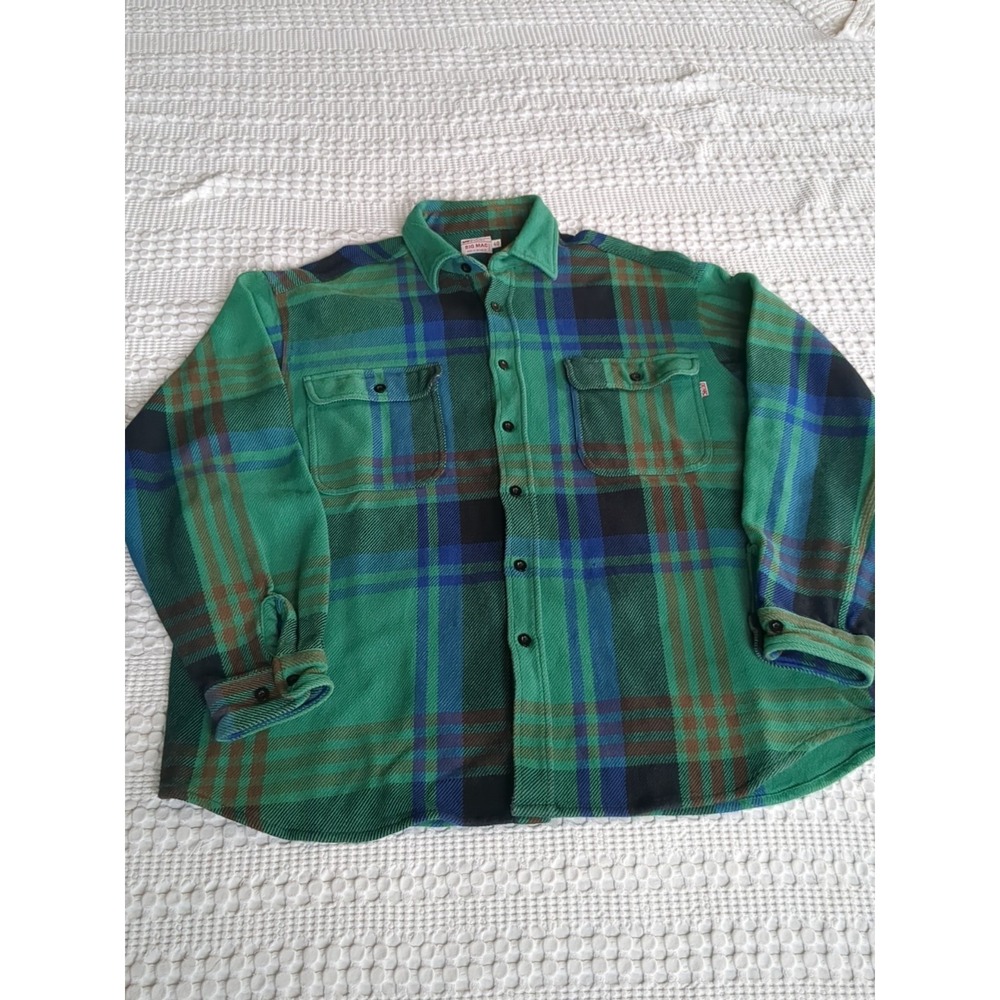 Big Mac Flannel Plaid Shirt Thick Sz 40 Green Blue Button Long Sleeve